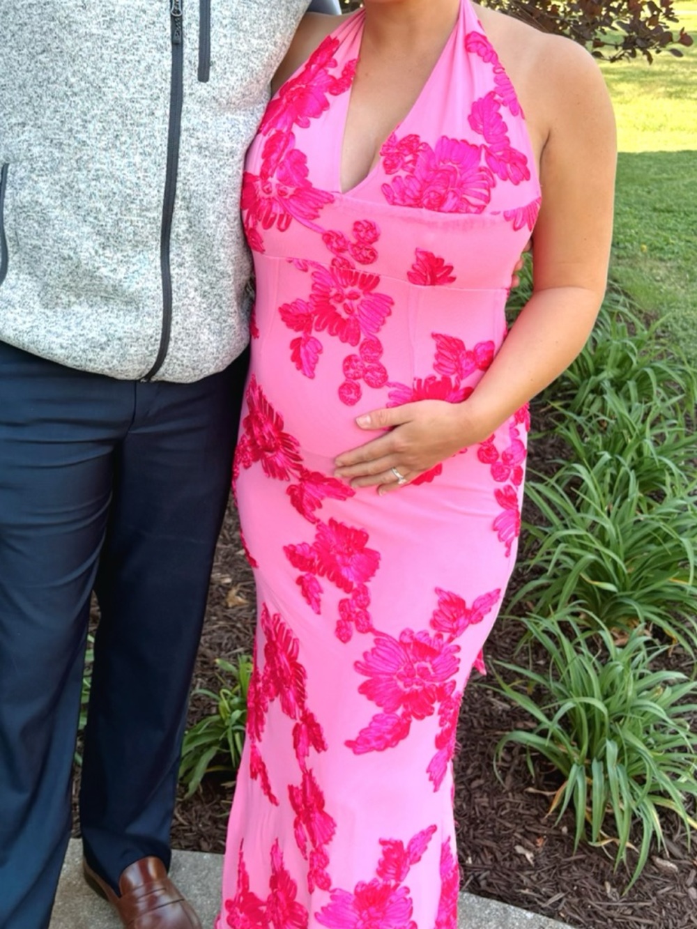 Women's Pink Halter Maxi Dress with Floral Appliqué